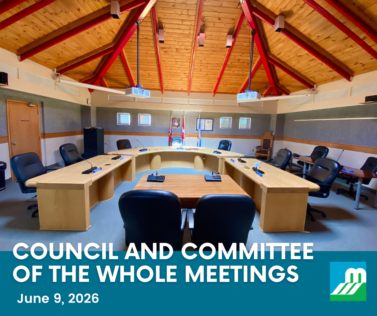 A municipal council chambers sits empty. A blue box at the bottom of the photo contains white text that reads 'Council and Committee of the Whole Meetings - June 9, 2026.'