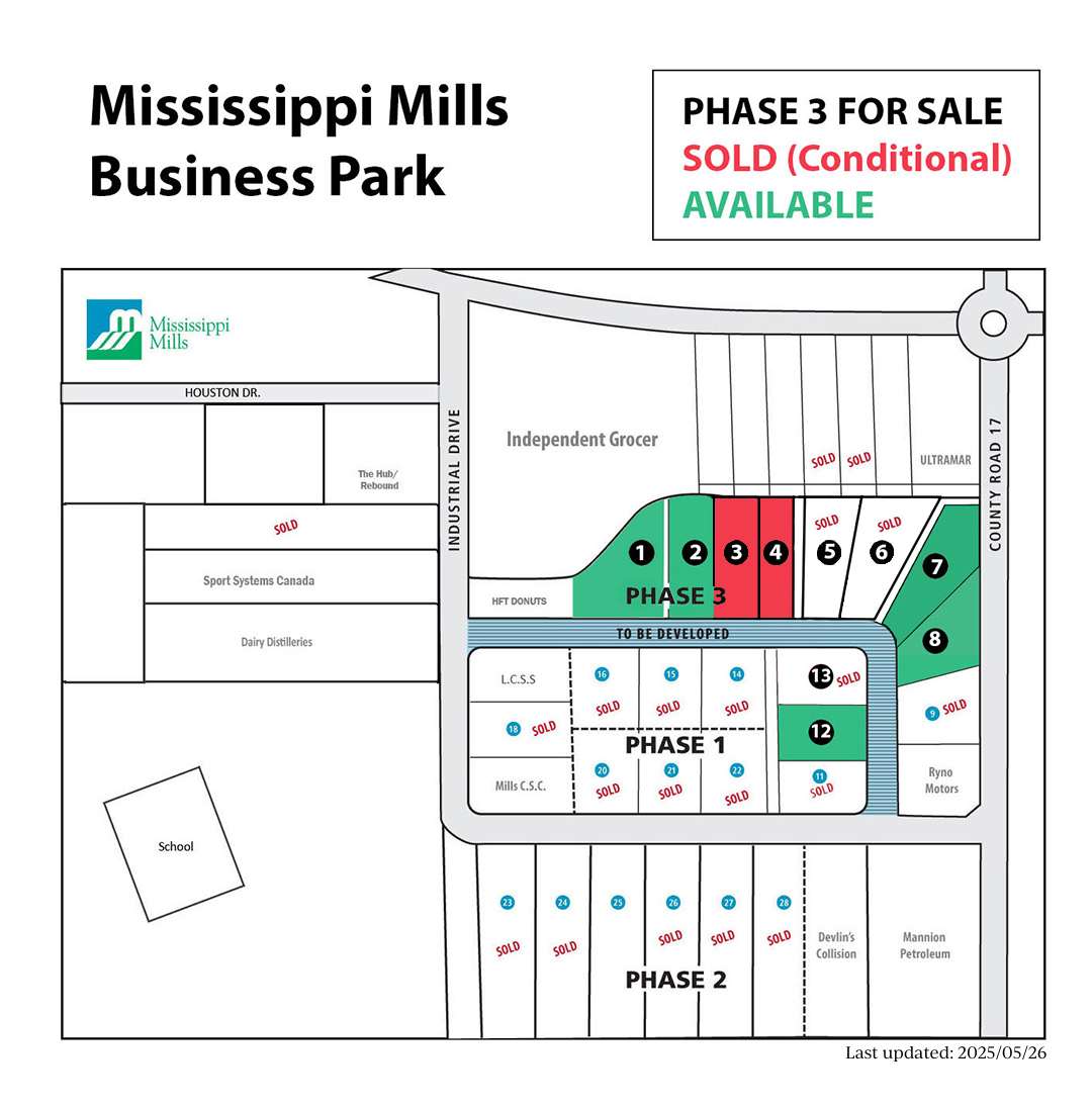Map of the business park. Lots 1, 2, 7, 8 and 12 are marked available, while 3 and 4 are sold conditionally.