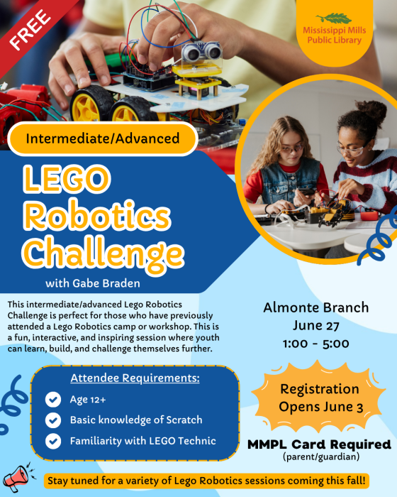 blue, red and yellow poster advertising LEGO Robotics Challenge at the Mississippi Mills Public Library