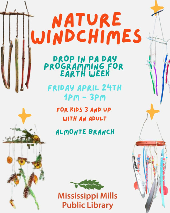 Poster for Nature Windchimes Earth Day inspired event at Mississippi Mills Public Library