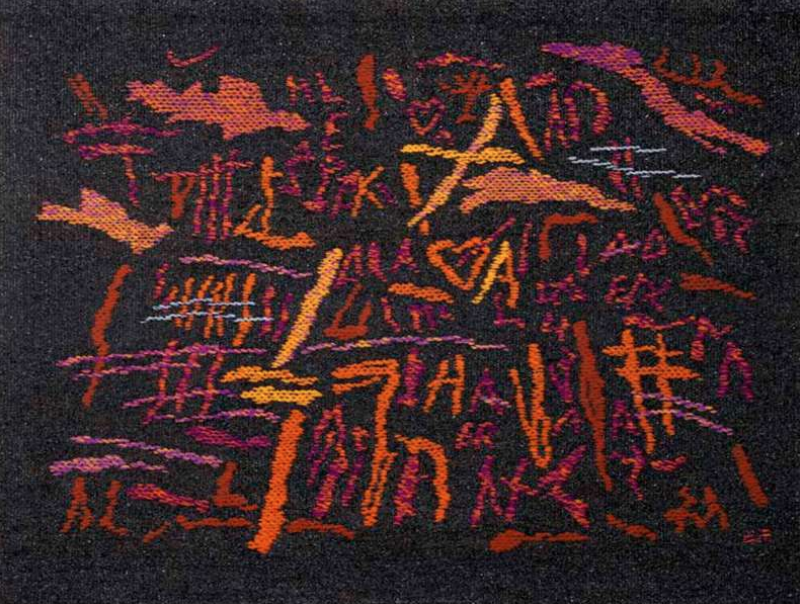 Photo of orange, yellow and pink abstract tapestry