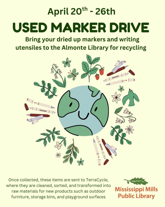 Poster for Used Marker Drive at Mississippi Mills Public Library, April 20-26
