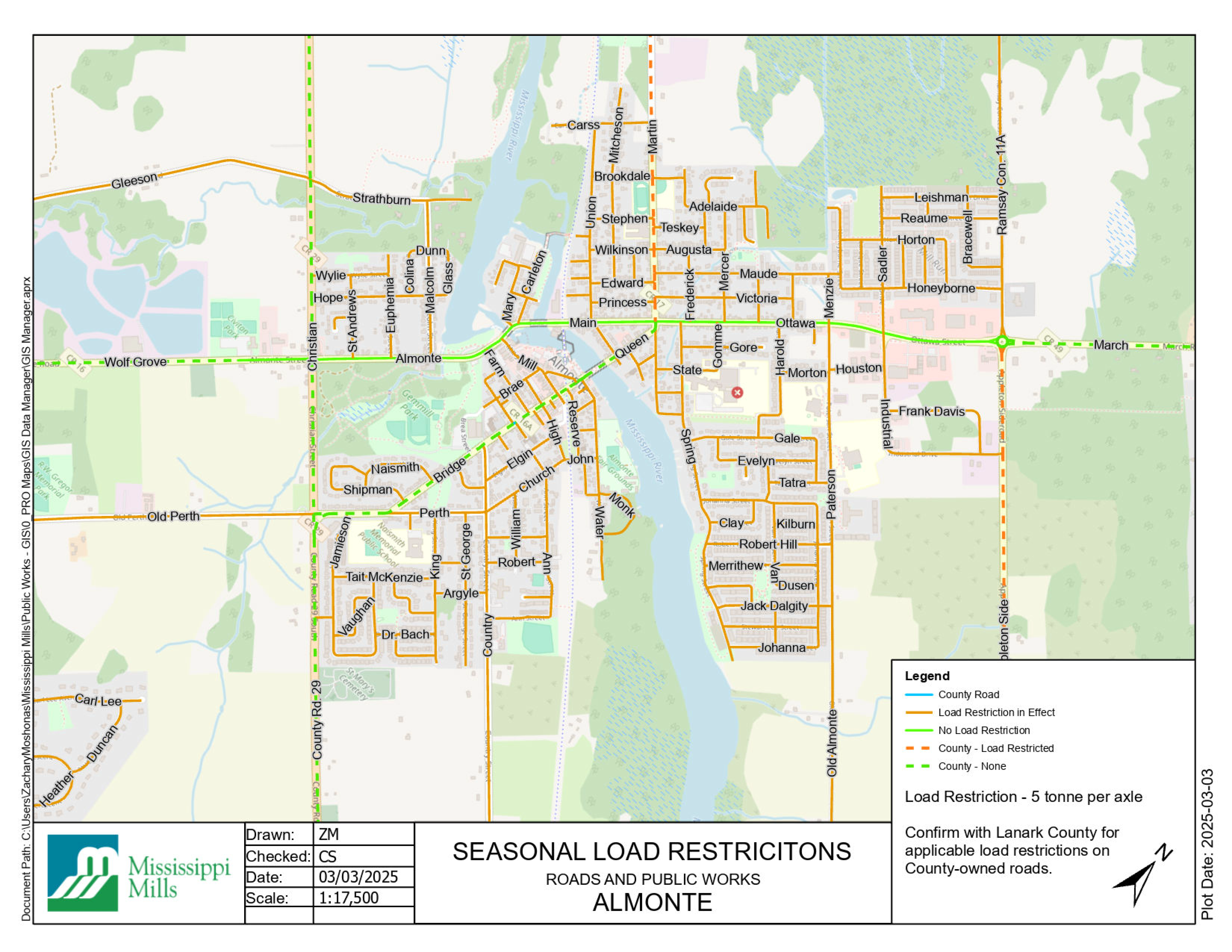 Map showing 2025 seasonal load restrictions in Almonte