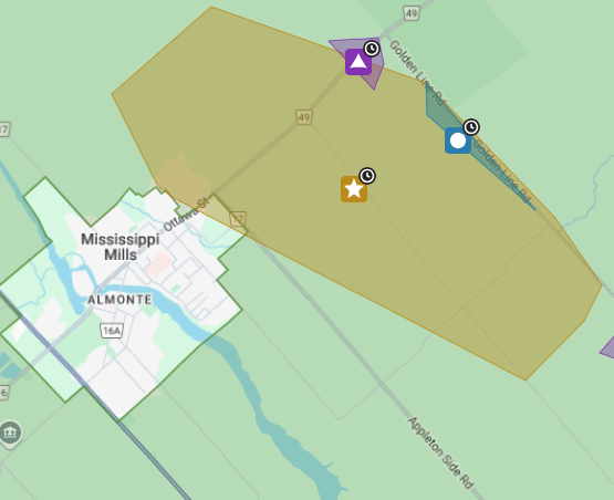 Map showing Hydro One January 25 planned outage area