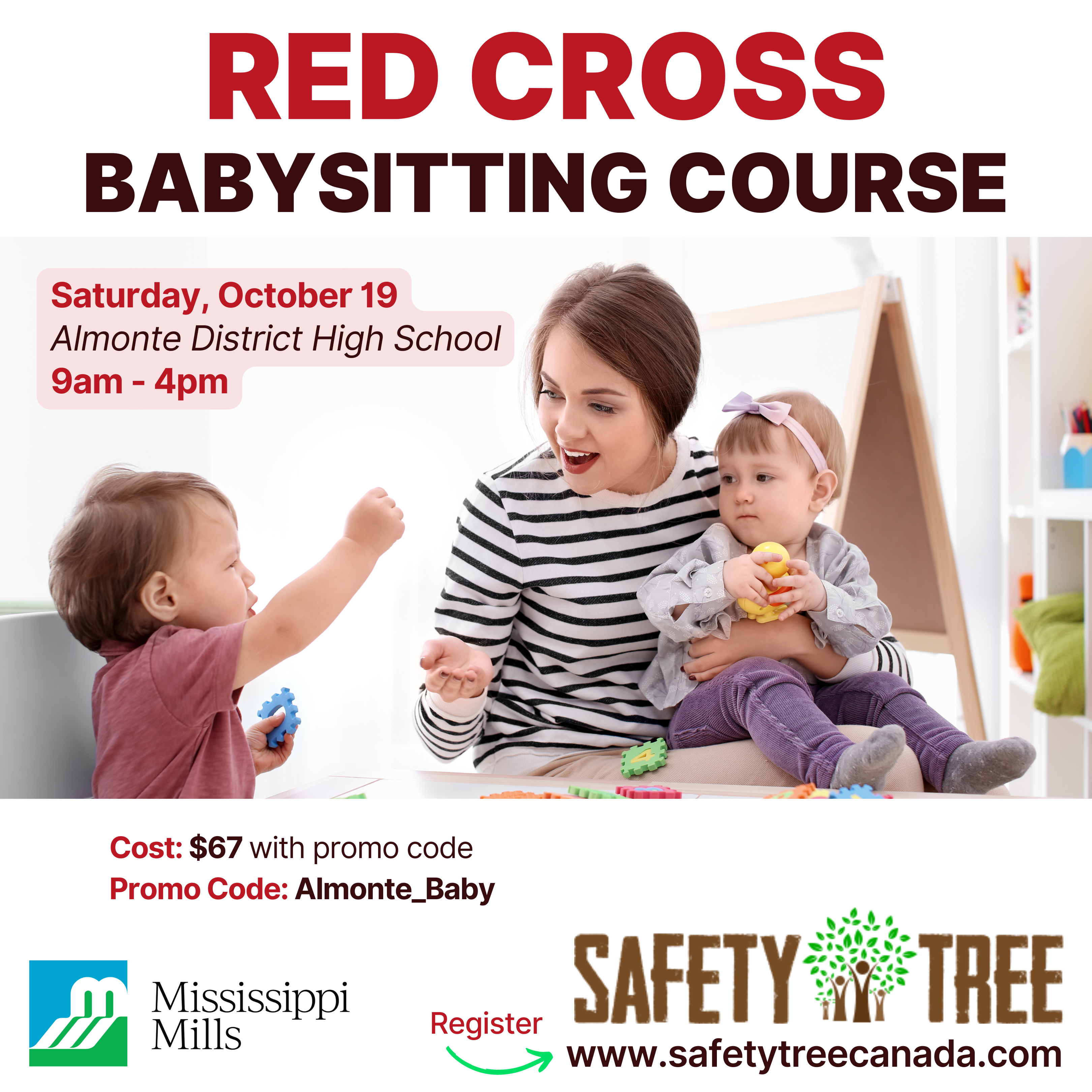 Graphic featuring photo of young girl with two young kids and the text 'Red Cross Babysitting Course'