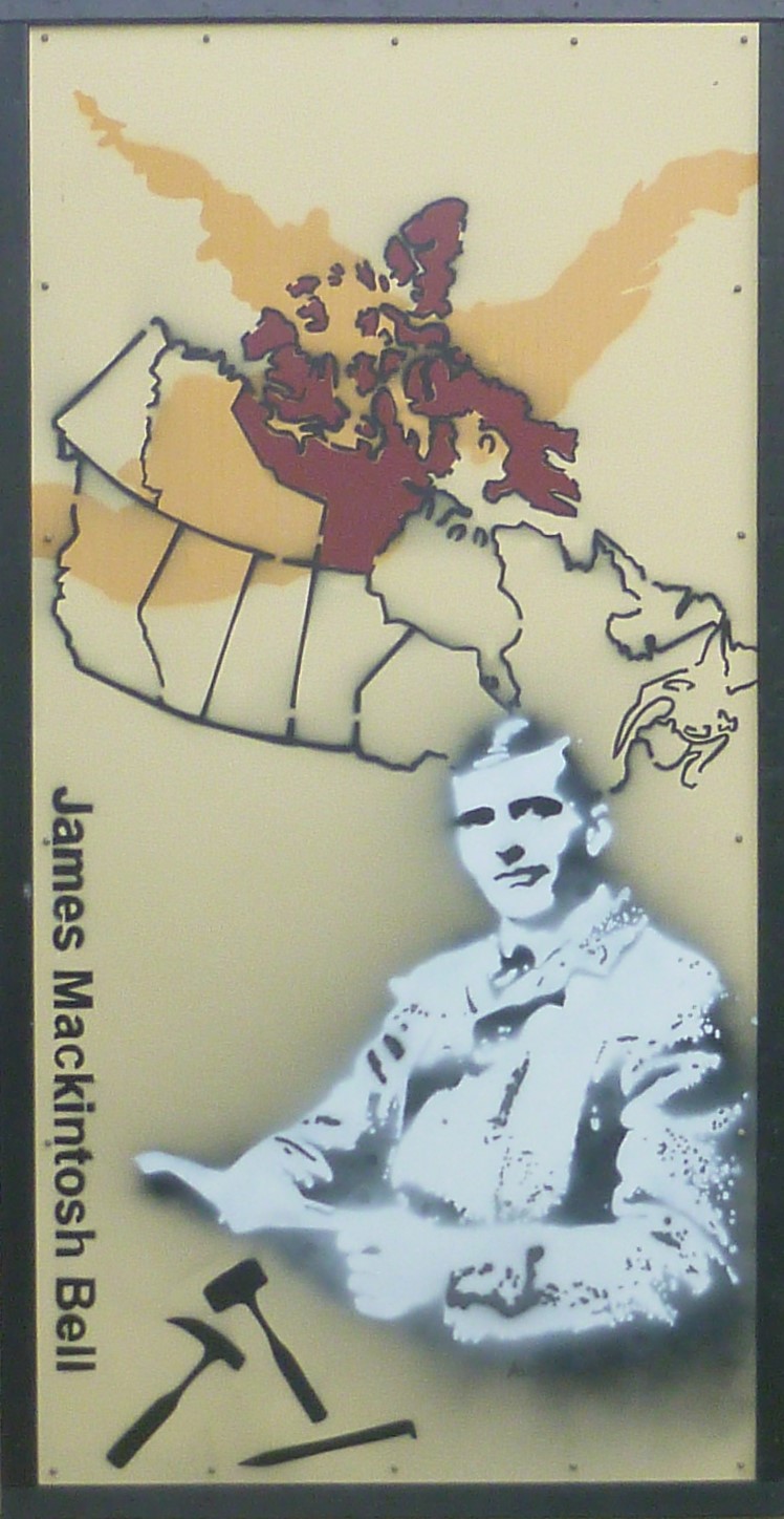 Mural featuring black and white image of James MacKintosh Bell