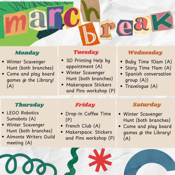 Graphic showing 2025 March Break schedule for Mississippi Mills Public Library