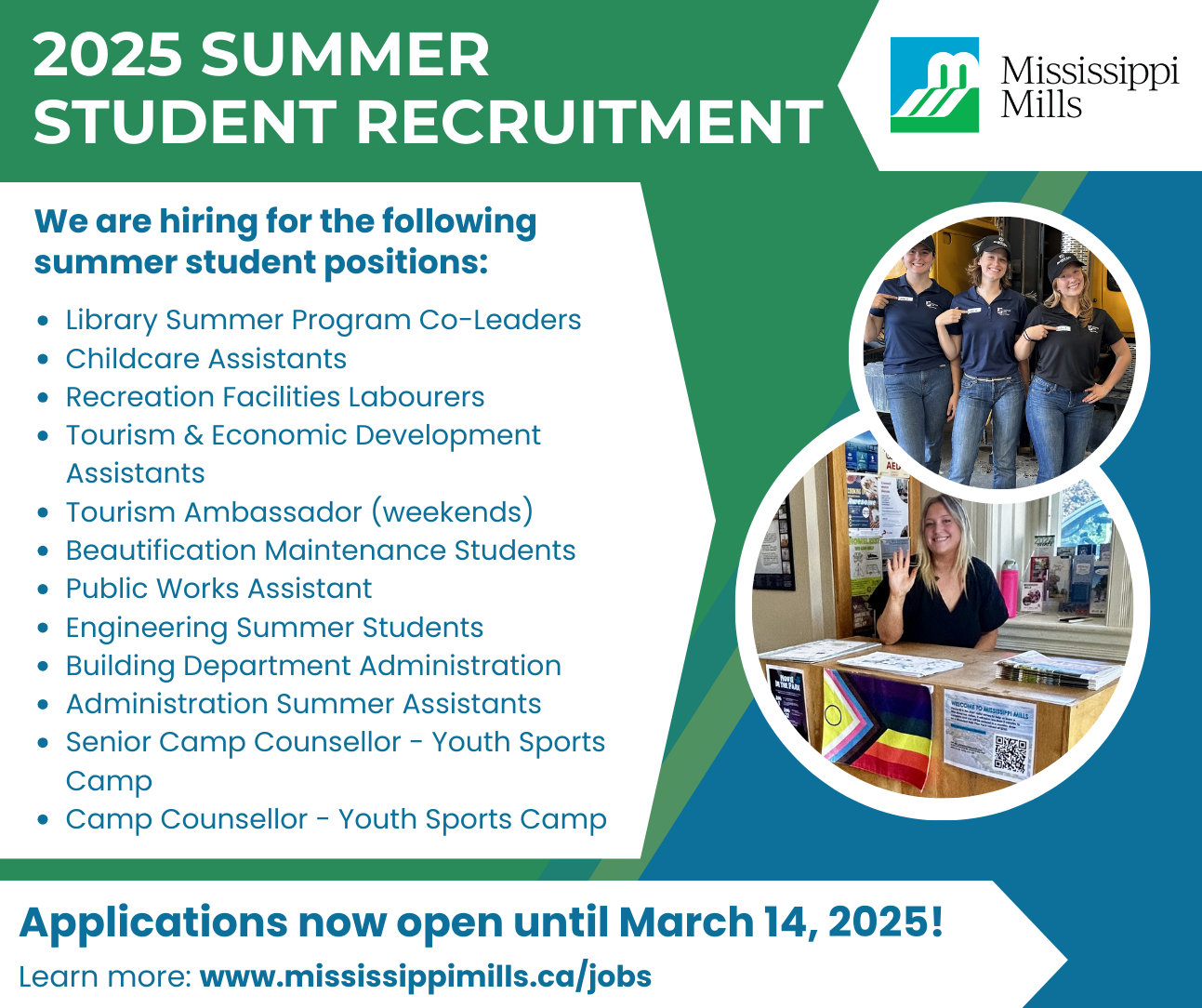 Green, blue and white graphic with text about 2025 Summer Student Recruitment in Mississippi Mills