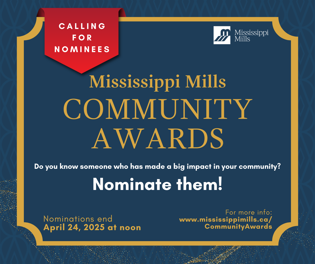 Dark blue and gold graphic promoting the 2025 Mississippi Mills Community Awards