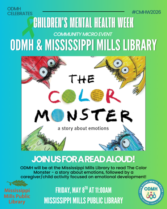 Poster for Read Aloud event in honour of Children's Mental Health Week on May 8, 2026 at the Mississippi Mills Public Library