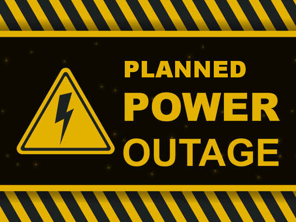 Black and yellow graphic reading 'Planned Power Outage