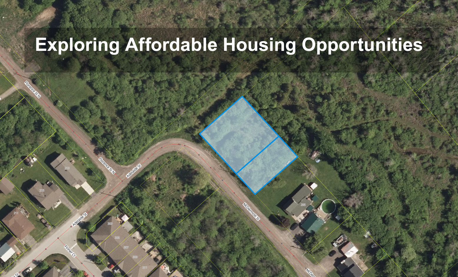 Satellite image of parcel of land at the corner of Adelaide and McDermott streets in Almonte, Municipality of Mississippi Mills. Text on photo reads 'Exploring Affordable Housing Opportunities.'