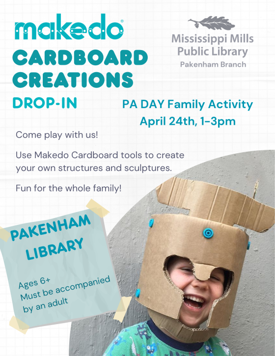 Poster for Makedo Cardboard Creations workshop at Mississippi Mills Public Library