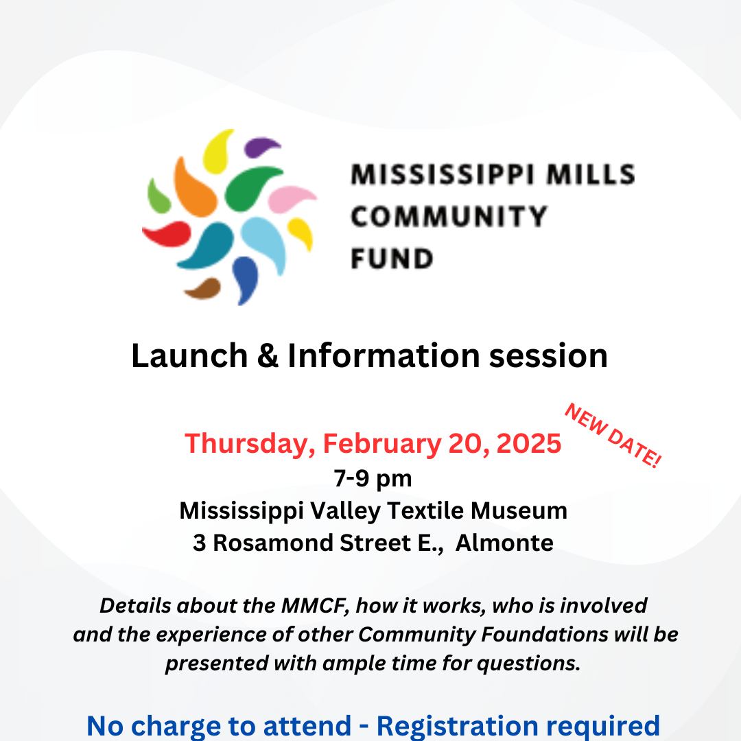 Graphic advertising Mississippi Mills Community Fund Launch and Information Session