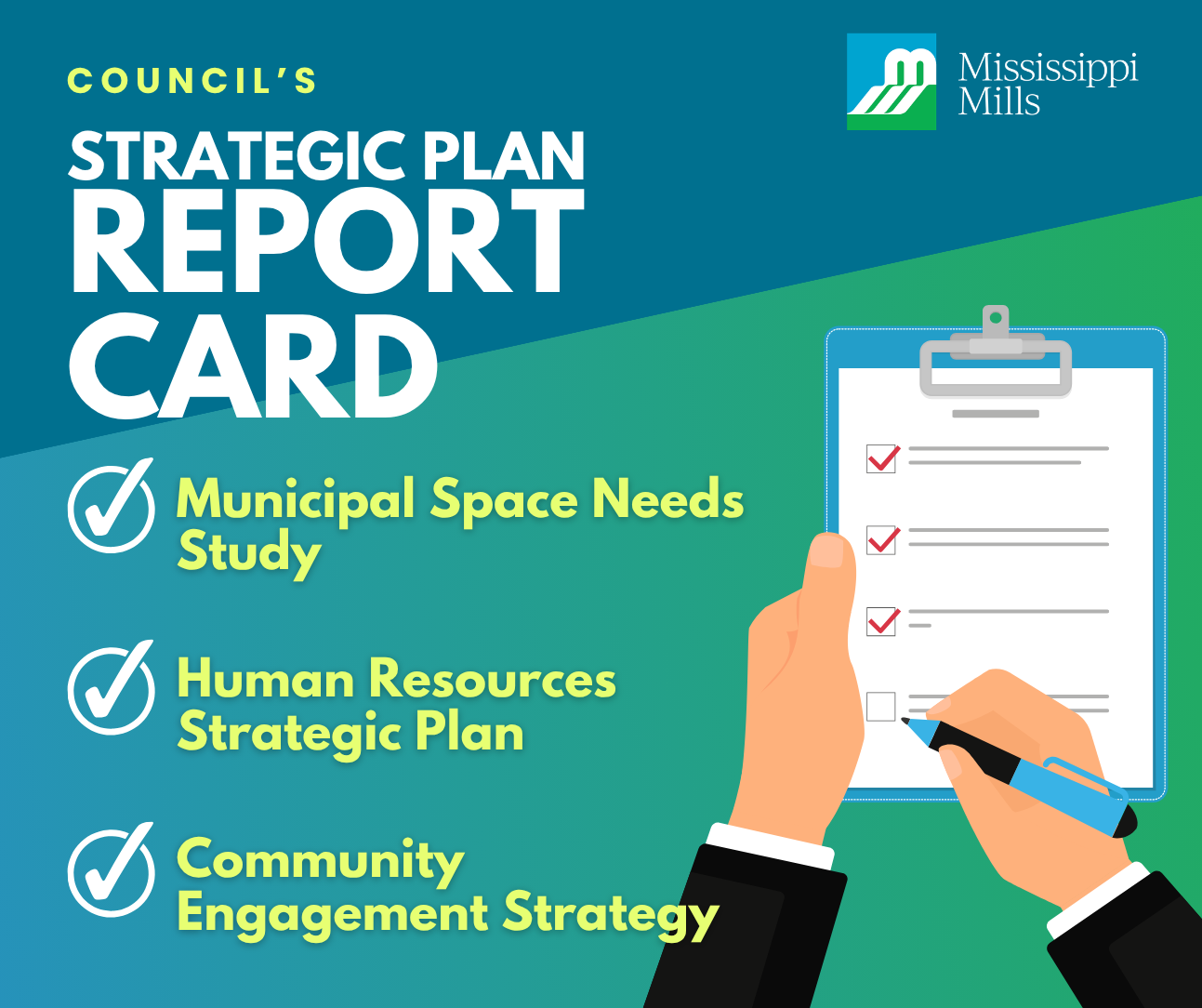 Green and blue background and cartoon image of hands holding a clipboard and a pen, checking off items. Text reads 'Council's Strategic Plan Report Card: Municipal Space Needs Study, Human Resources Strategic Plan, Community Engagement Strategy.'