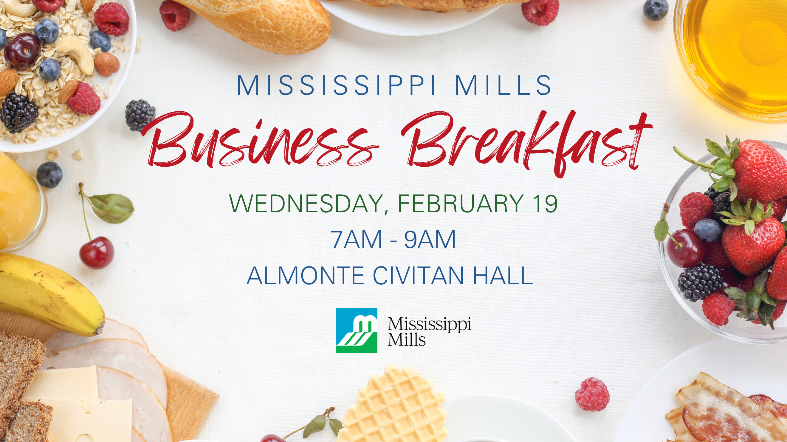 Graphic with photos of breakfast foods and the text 'Mississippi Mills Business Breakfast'