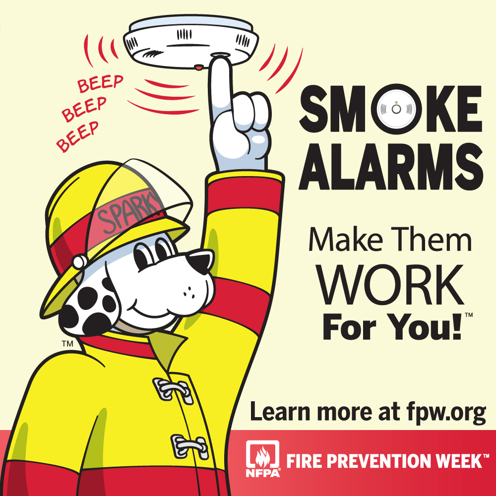 Graphic featuring cartoon Sparky the Fire Prevention Dog for Fire Prevention Week