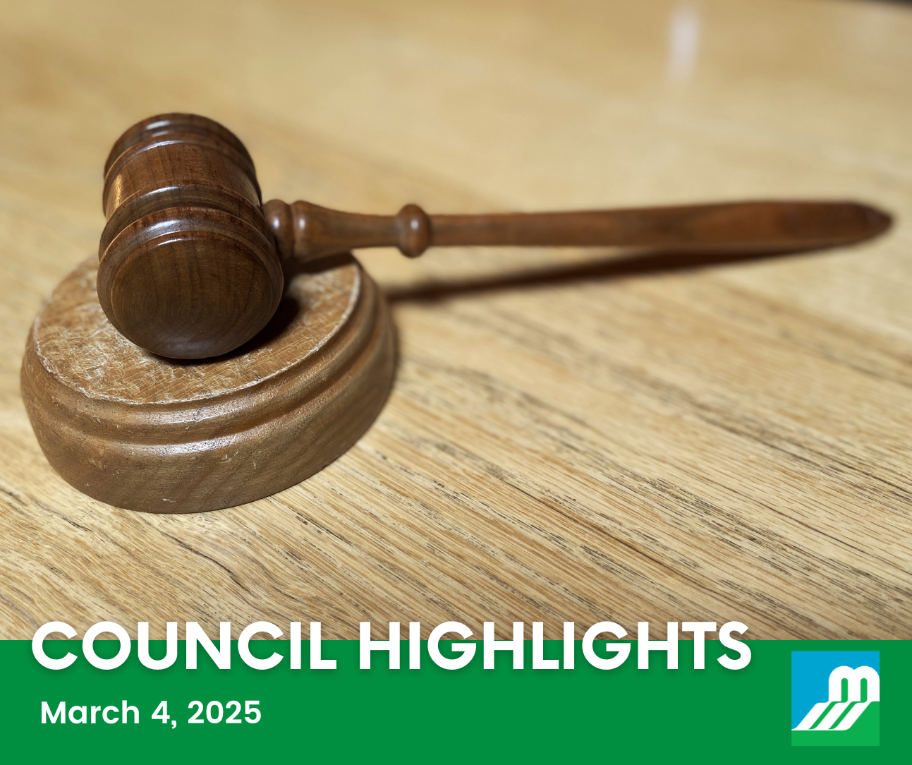 Photo of wooden gavel resting on wooden desk with the text 'Council Highlights - March 4, 2025'