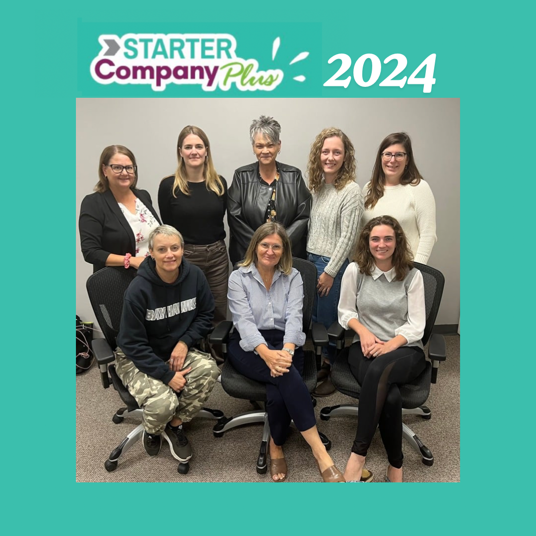 Blue graphic featuring photo of group smiling at the camera and the text 'Starter Company Plus'