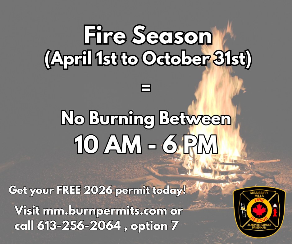 Photo of campfire with large flame and text about the starting of fire season (April 1 to October 31)