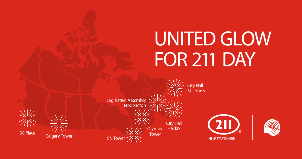 Red graphic with map of Canada overlay and white text reading 'United Glow for 211 Day'