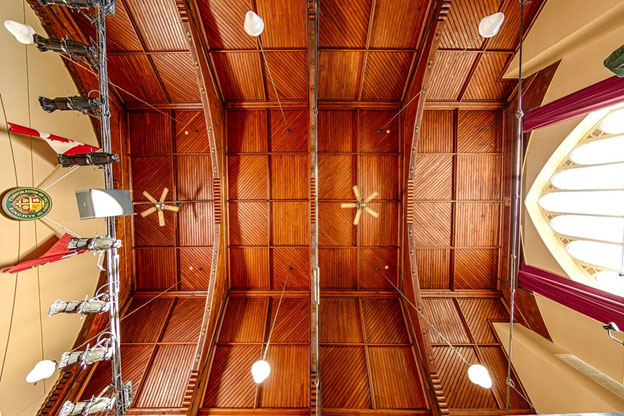 Close-up of wooden ceiling in historic auditorium