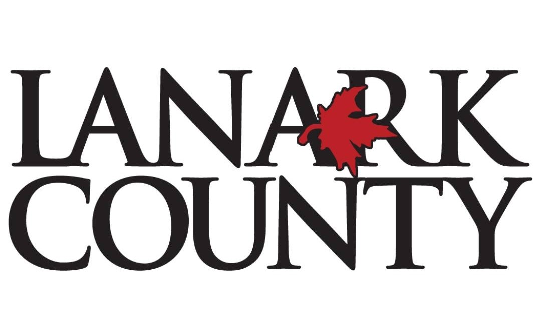 Black and red logo with red maple leaf and text 'Lanark County'