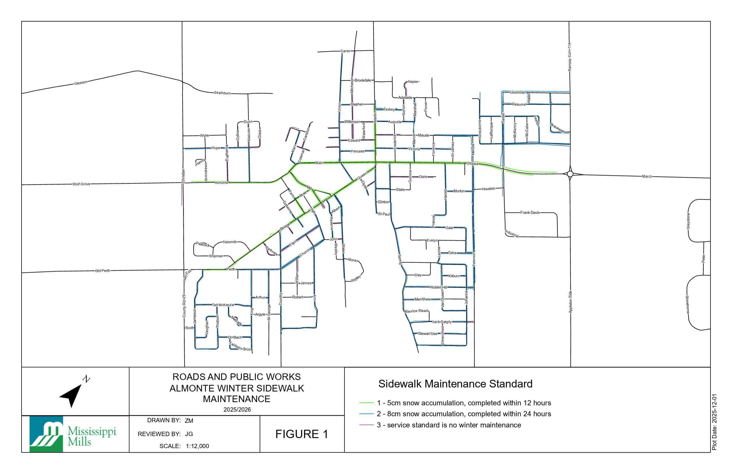 Map showing 2025-2026 sidewalk maintenance in Almonte