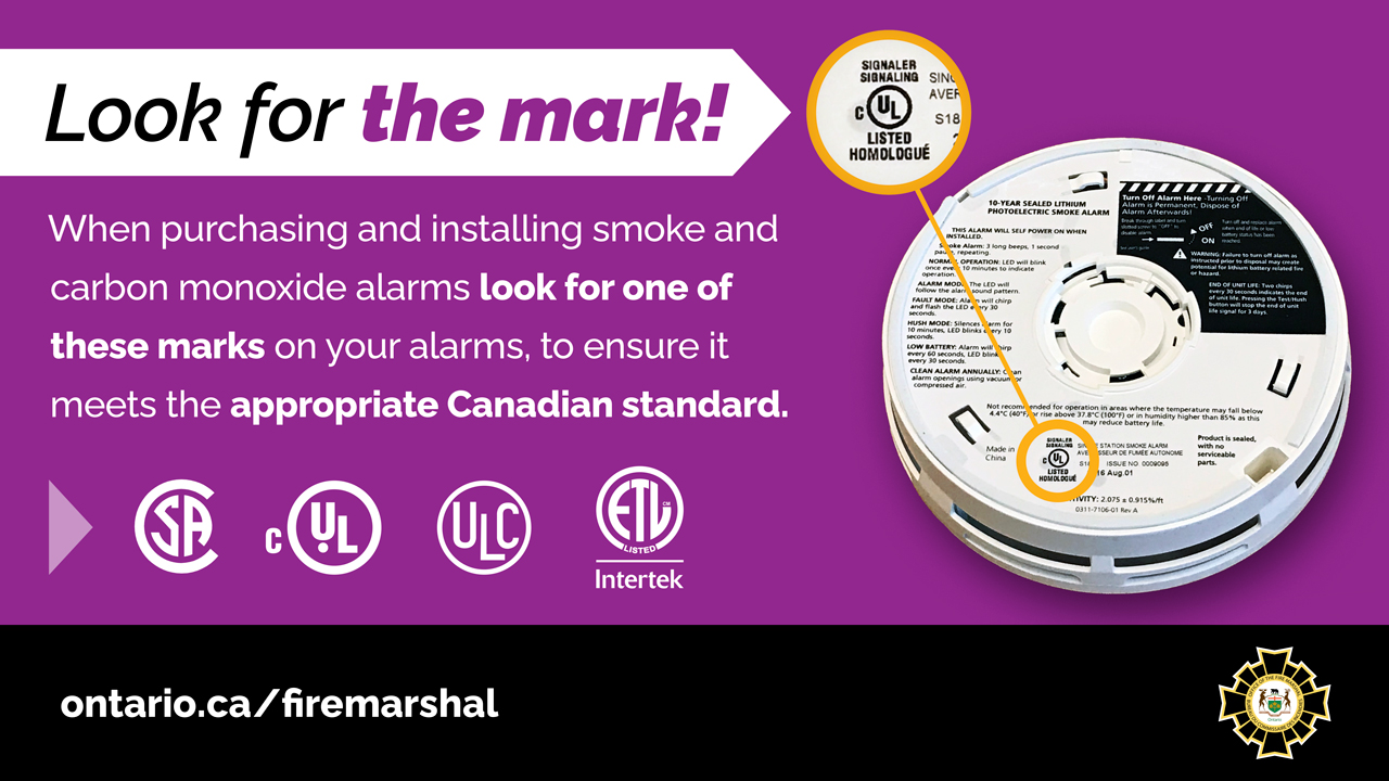 Graphic promoting "look for the mark" on smoke alarms; more info on the webpage.