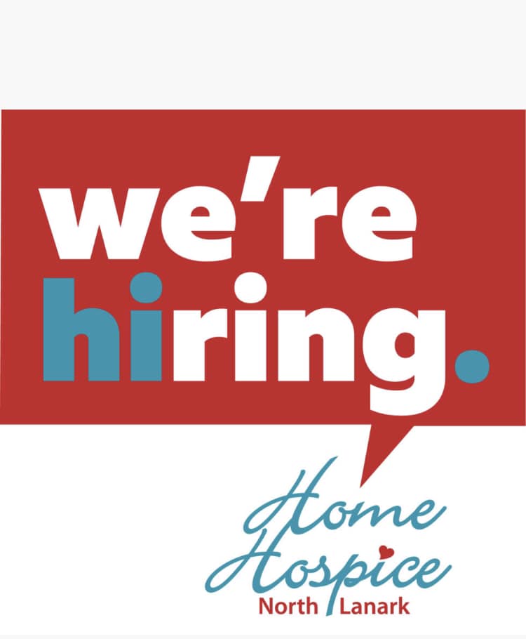 Graphic featuring red box with the lettering 'We're Hiring' and Home Hospice North Lanark logo