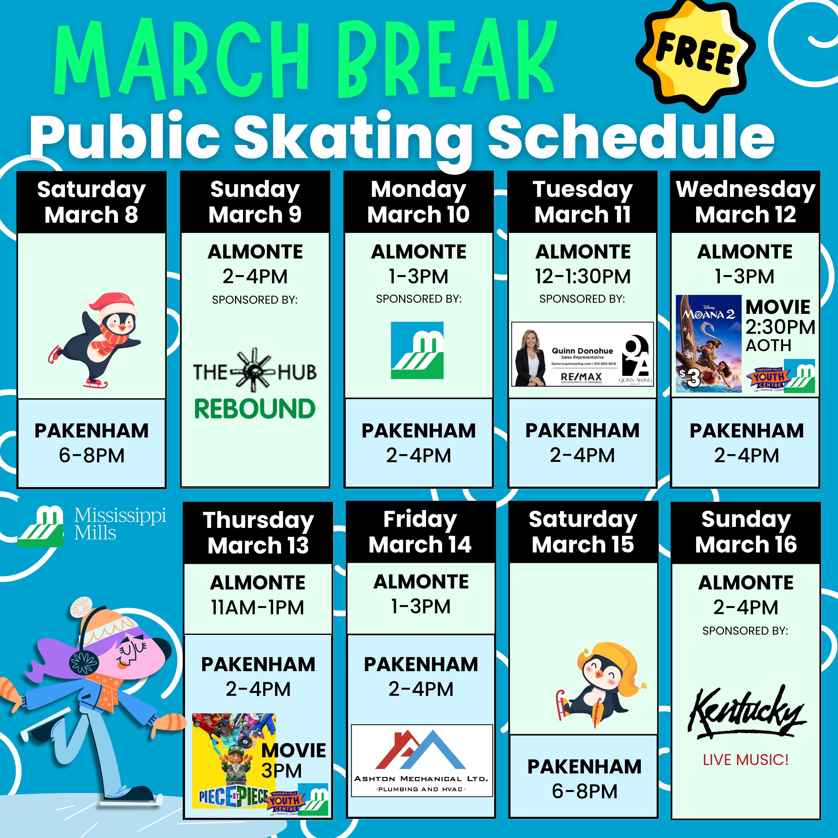 Graphic featuring schedule of 2025 March Break public skating in Mississippi Mills