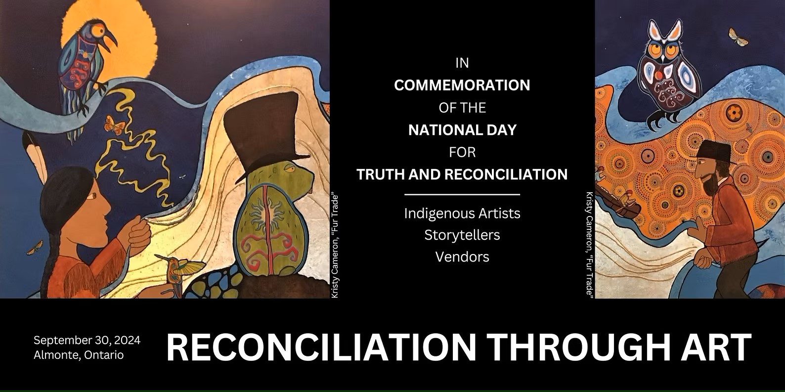 Indigenous artwork surrounds text reading 'In Commemoration of the National Day for Truth and Reconciliation - Reconciliation Through Art'