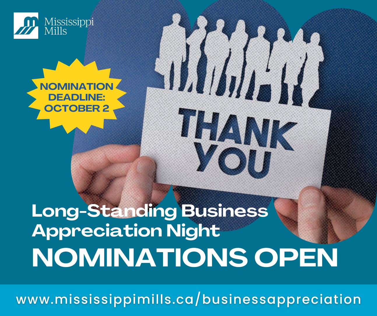 Blue and yellow graphic with a photo of hands holding up a white thank you sign and the text 'Long-Standing Business Appreciation Night Nominations Open'