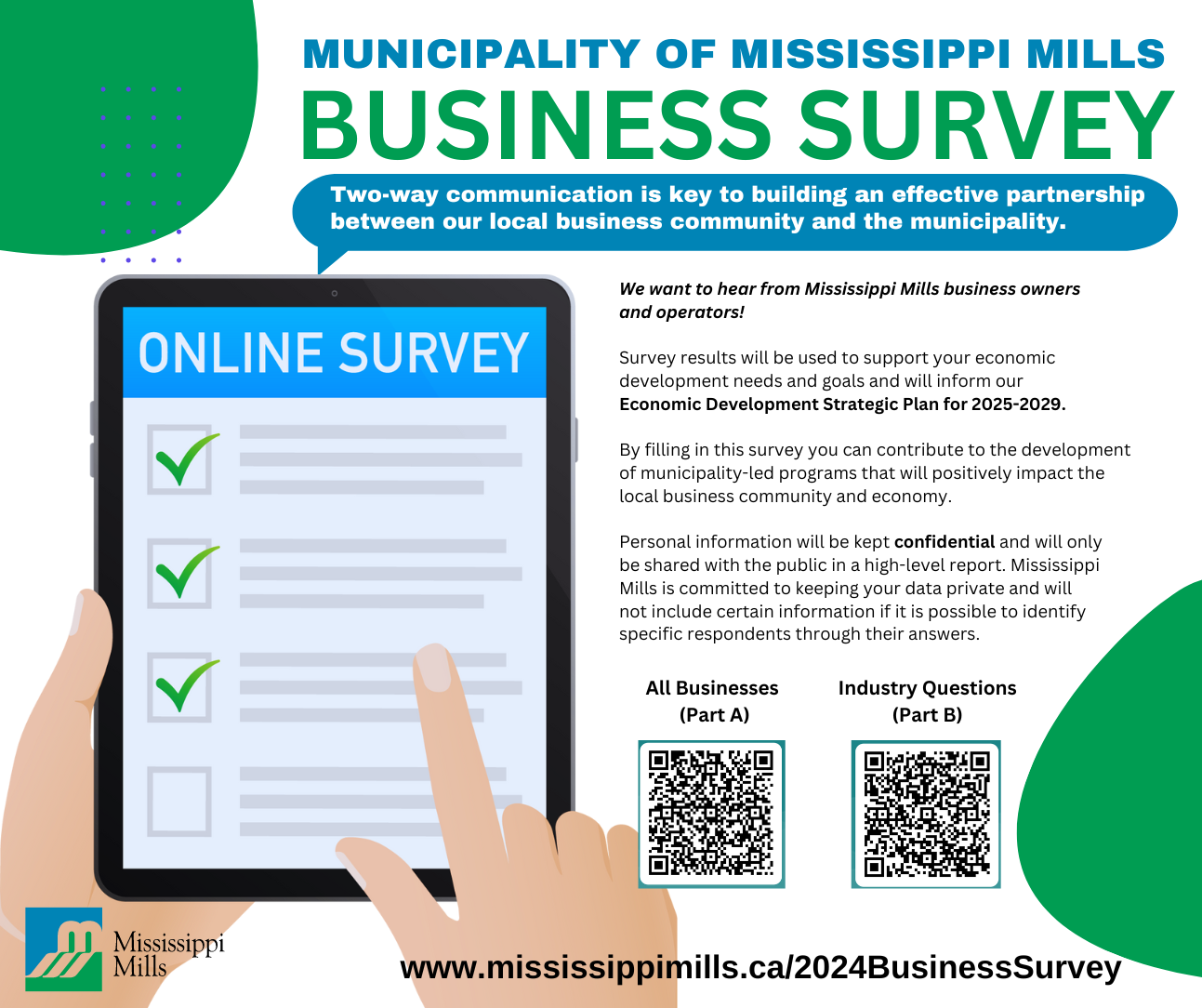 Graphic featuring cartoon hands filling out a survey on a tablet with the text 'Municipality of Mississippi Mills Business Survey'