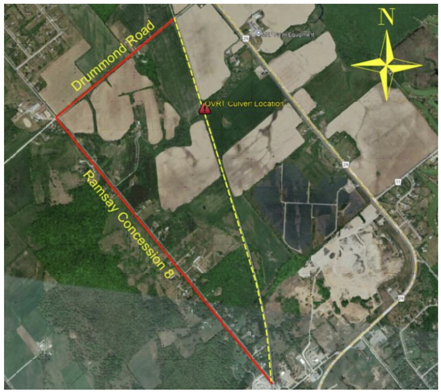 Satellite image showing section of Drummond Road in Mississippi Mills