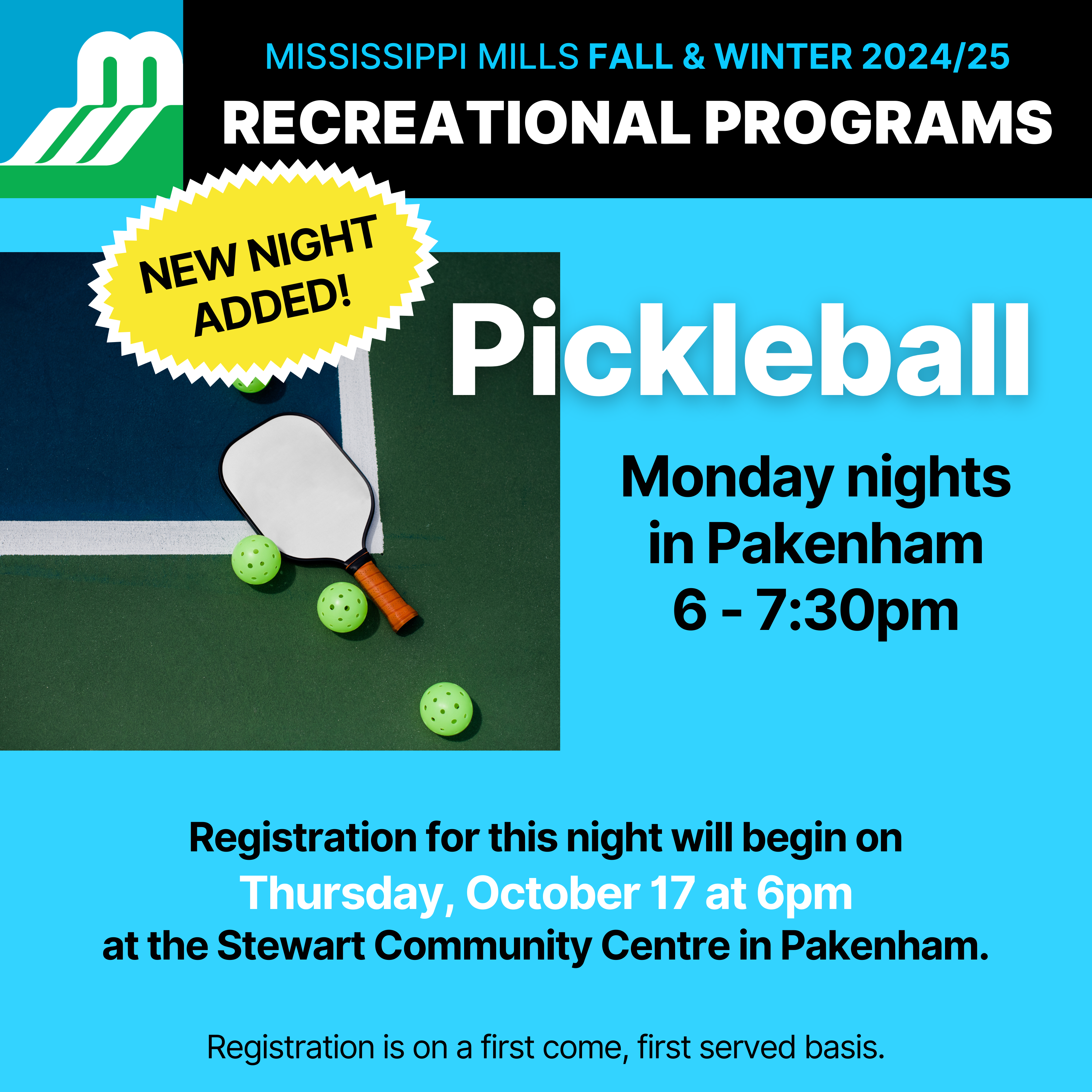 Blue and black graphic advertising new pickleball night in Pakenham