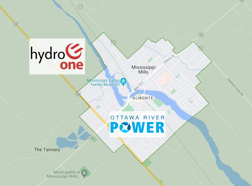 Hydro distributors map, showing Almonte being served by Ottawa River Power Corp. and outside of Almonte being served by Hydro One