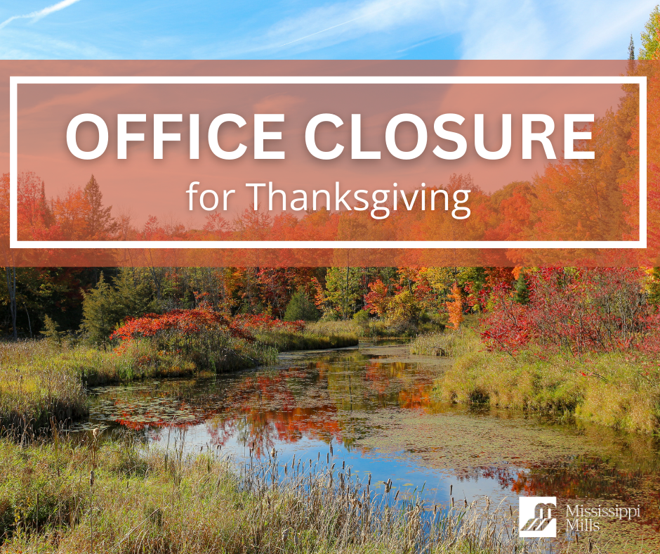 Photo of orange trees surrounding a stream and the text 'Office Closure for Thanksgiving'